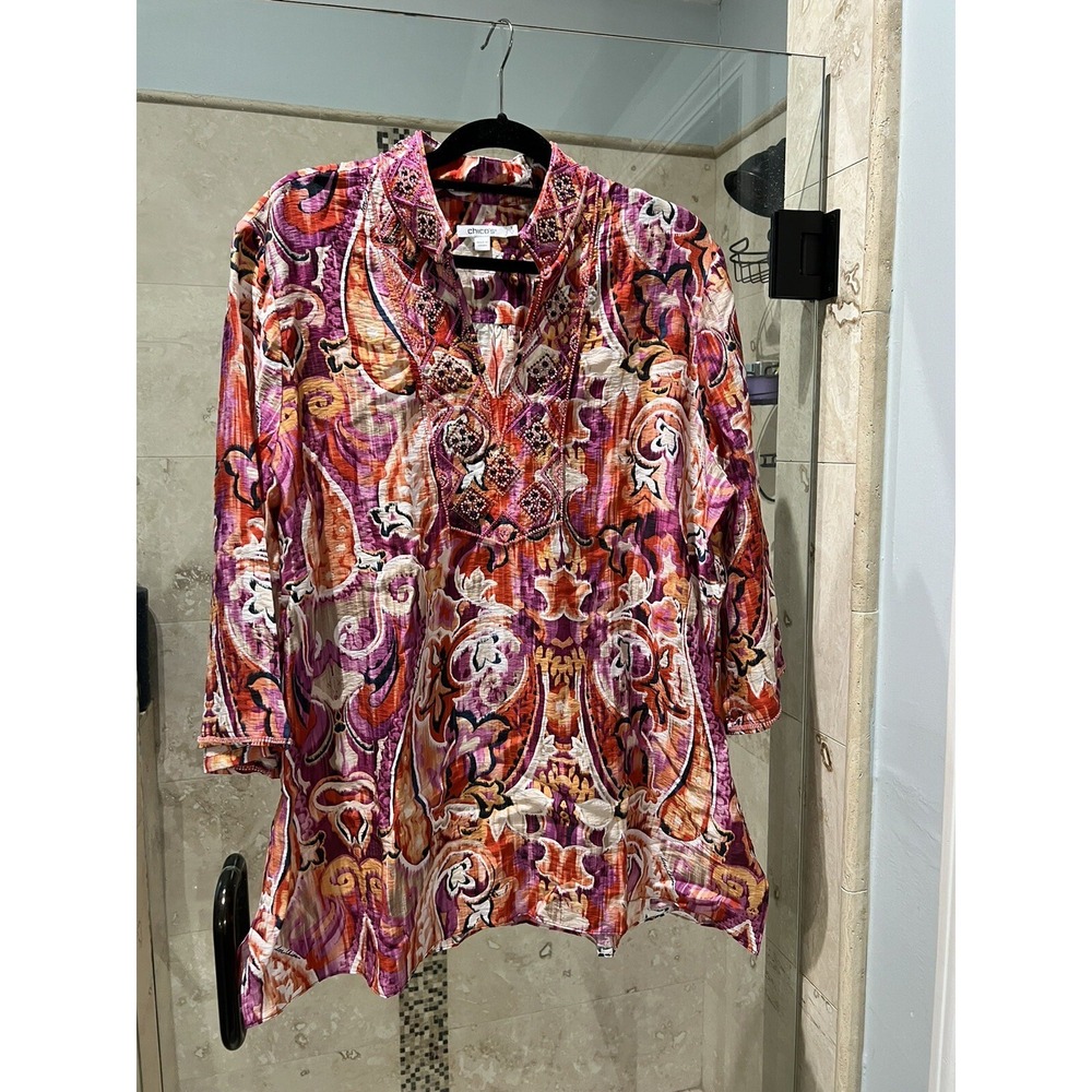 Chicos Tunic Top Heavy Beaded V-Neck 3/4 Sleeve Ikat Pink Red Orange Size 3 XL